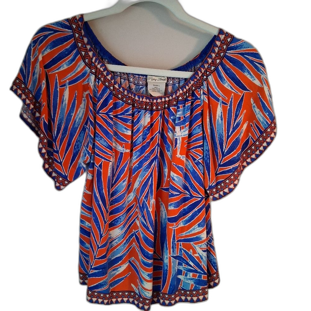 Flying Tomato Blue and Orange Leaf Print Peasant Top